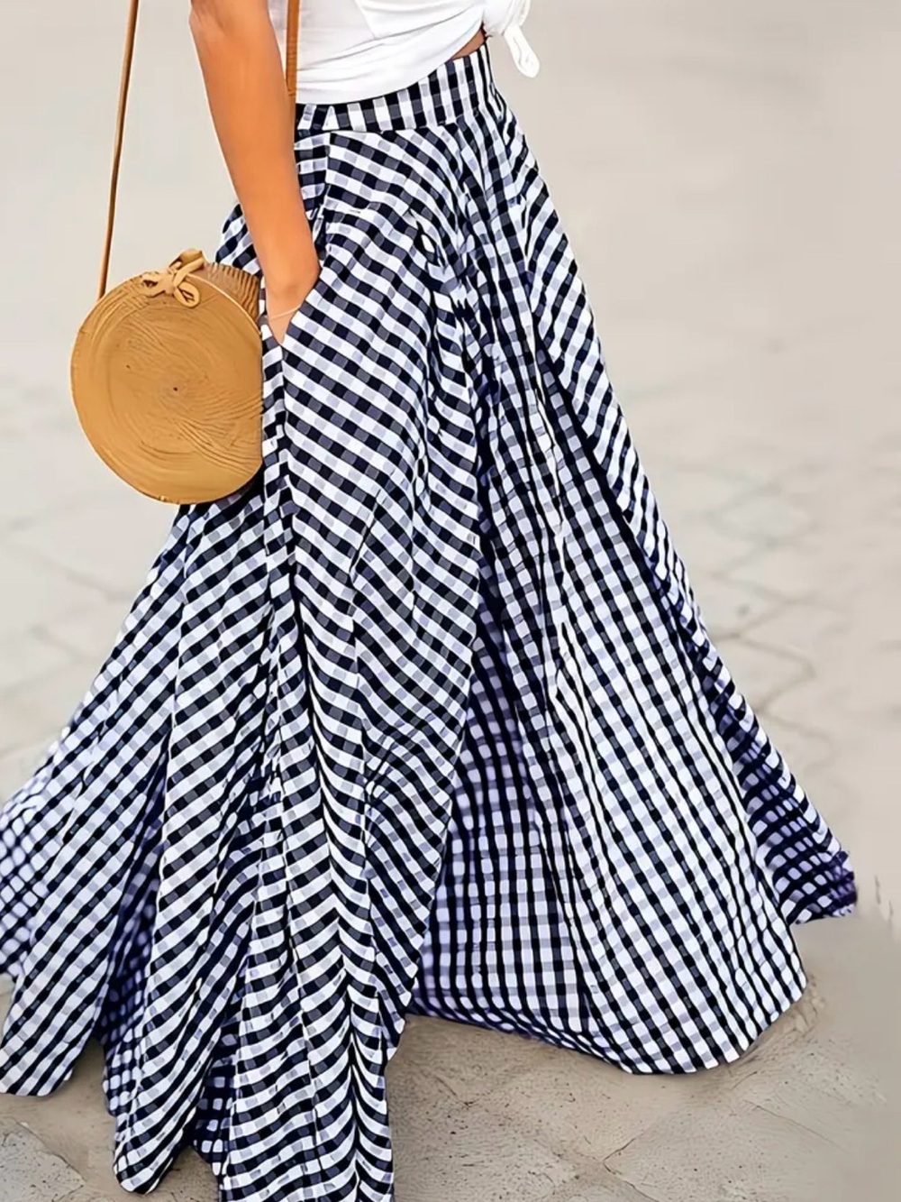 Navy & White Gingham Maxi Skirt — Flared High-Waist - Picture 1 of 6